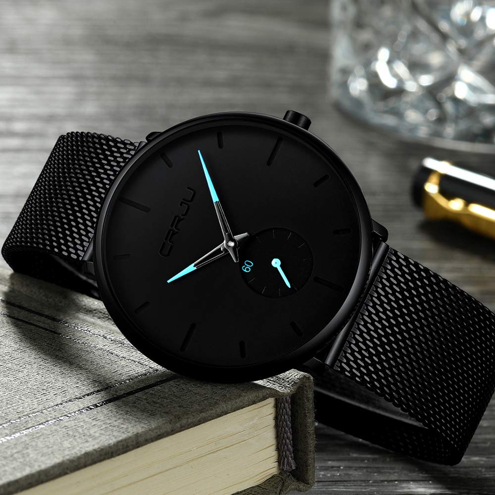CRRJU Men's Business Slim Analog Quartz Watch - Date Display, Black Dial, Mesh Bracelet Strap | Professional Office Wear, Formal Occasions & Everyday Style