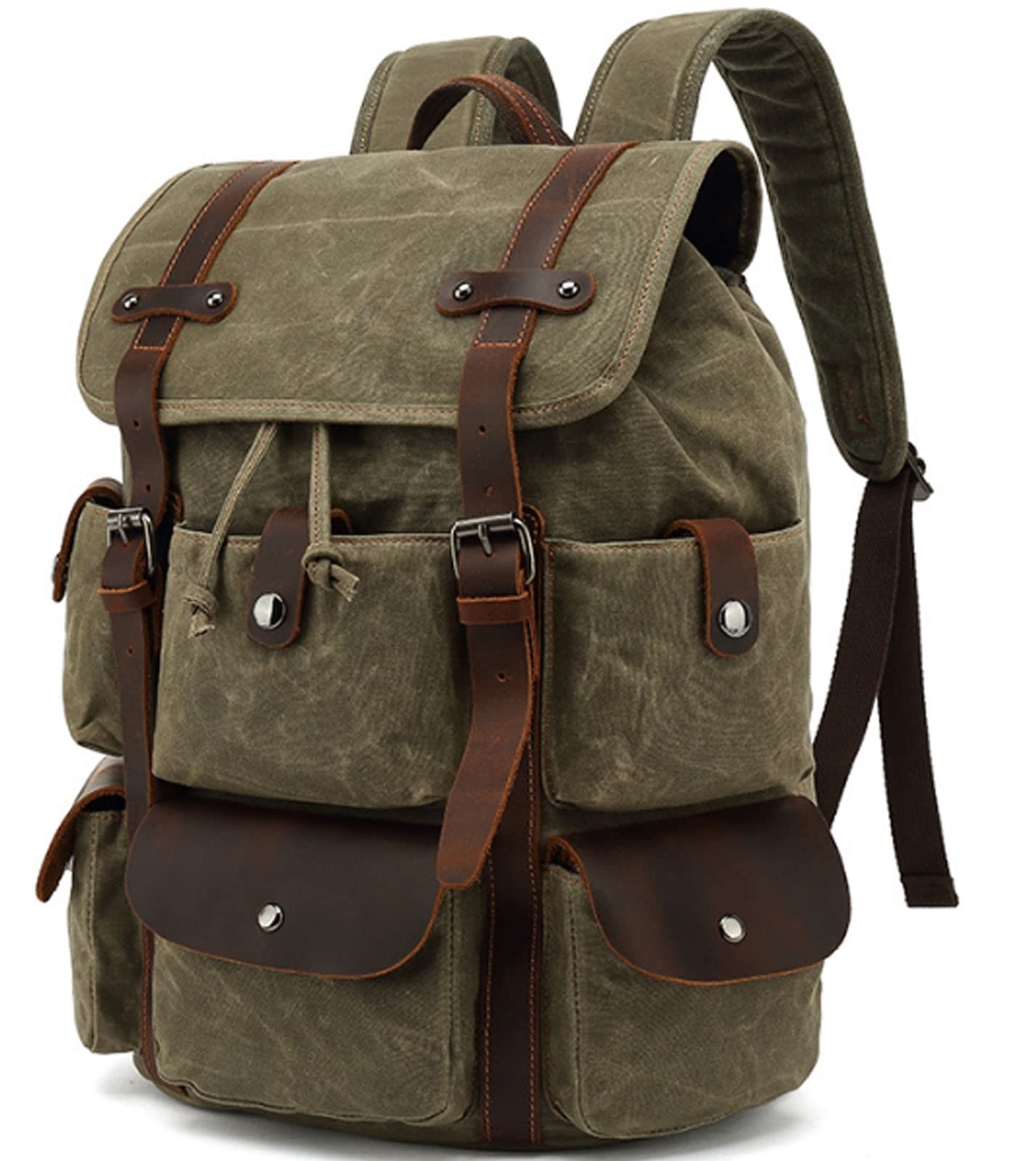 LYWL Vintage Leather Backpack for Travel, Hiking, School & Sports - Durable Crazy Horse Leather, Army Green - Perfect for Outdoor Adventures, College & Daily Commute