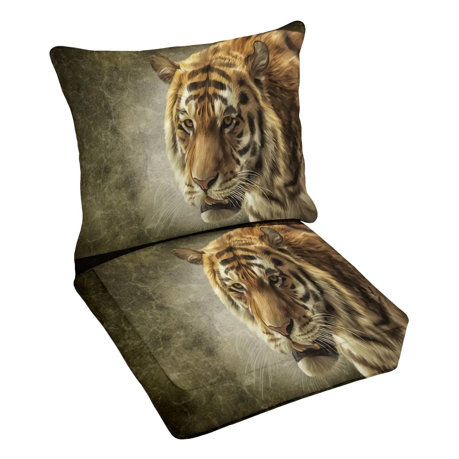 Premium Outdoor Deep Seating Cushion Set with Bengal Tiger Portrait Oil Painting - Vintage Grunge Style Replacement Cushions for Patio Lounge Chairs | Perfect for Garden, Poolside & Conversation Areas