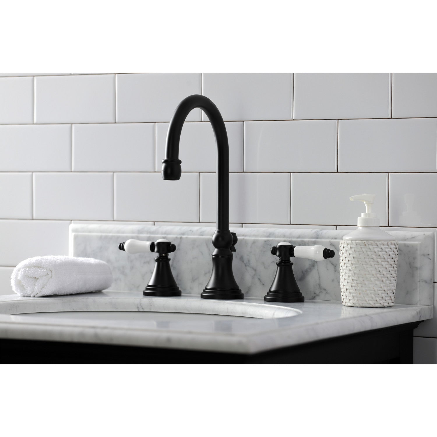 Bel Air KS2980BPL Matte Black Widespread Bathroom Faucet - 2 Handle 3 Hole Deck Mount with Brass Pop Up Drain - Perfect for Modern Bathroom Vanities & Sink Upgrades