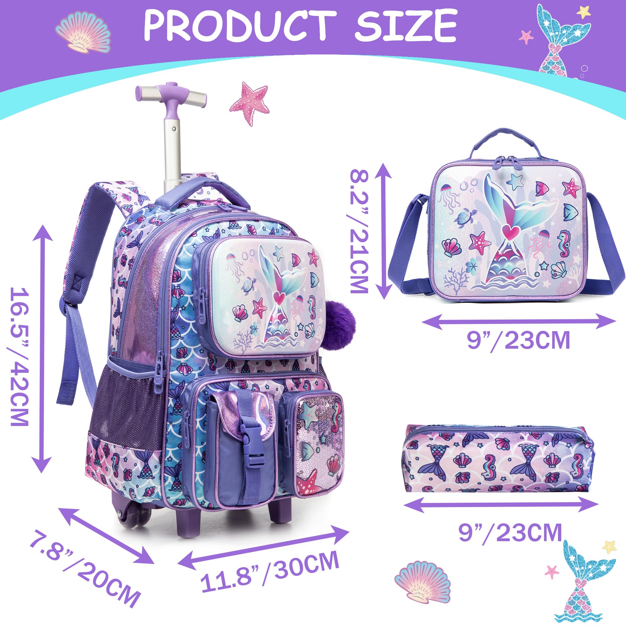 Meetbelify Mermaid Rolling Backpack for Girls - 3-in-1 Wheeled School Backpack with Lunch Box, Kids Travel Luggage Suitcase for Elementary Students Ages 8-10 | Perfect for School, Travel & Daily Use