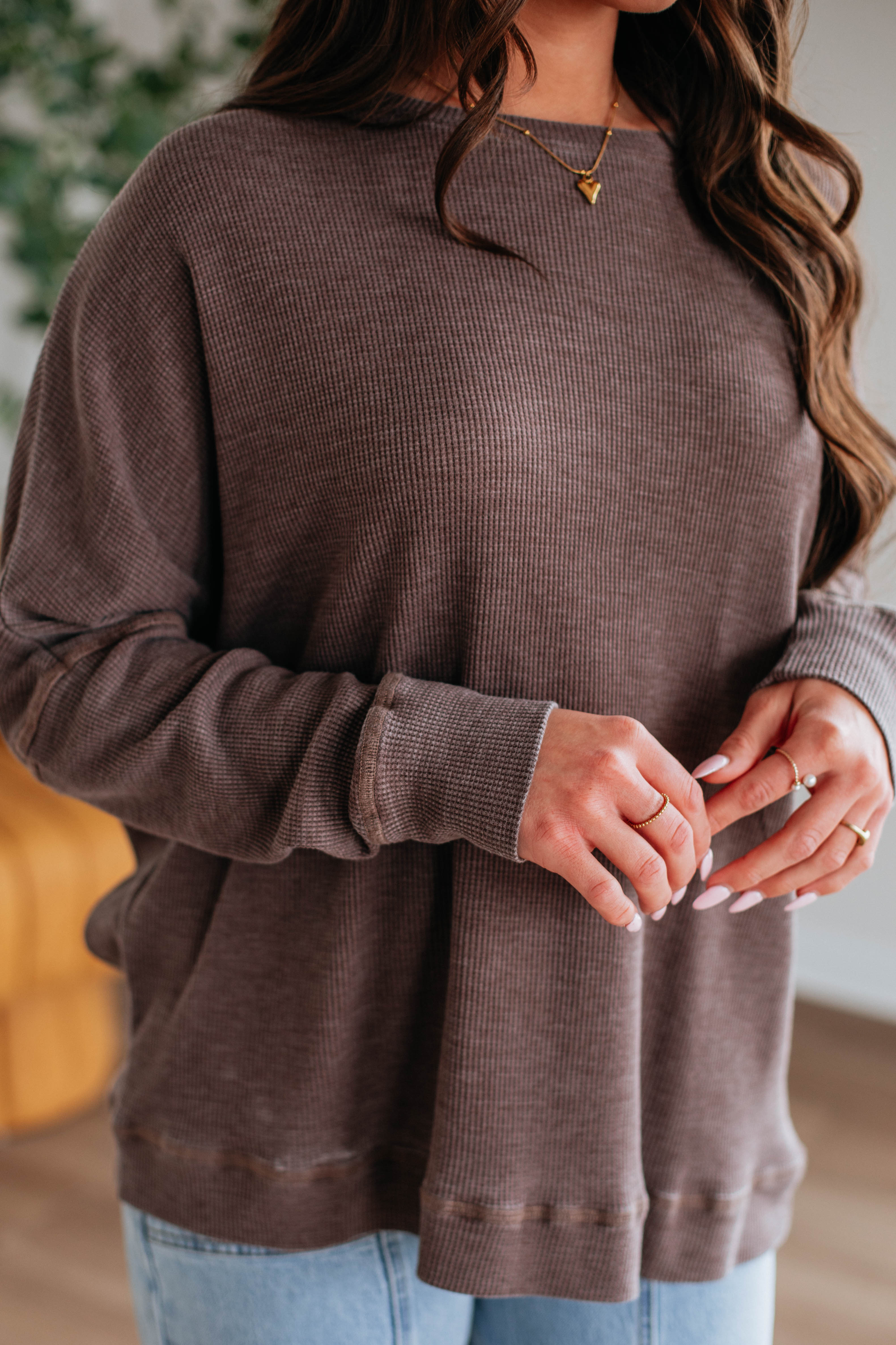 Breathable Waffle Knit Top for Women - Soft Chocolate Brown Long Sleeve Shirt | Perfect for Fall Layering, Casual Outfits & Coffee Dates