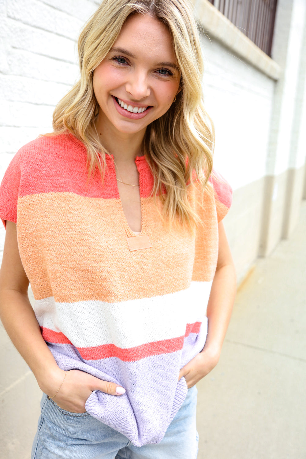 Coral Notched Neck Drop Shoulder Sweater Top for Women - Elegant Loose Fit Knit Pullover for Casual Outings & Date Nights