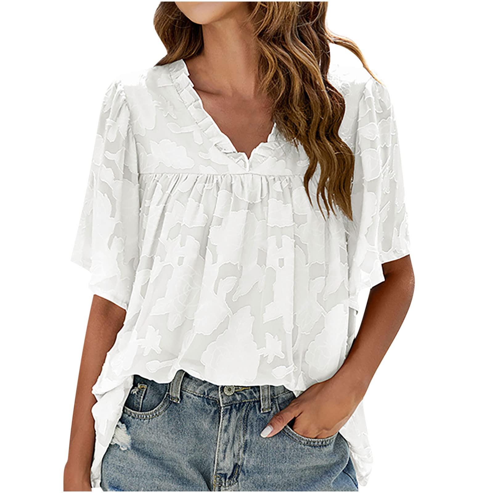 Women's Floral Chiffon Corset Top with Flared Sleeves - V-Neck Summer Blouse in White (Large) | Perfect for Casual Outings, Date Nights & Office Wear