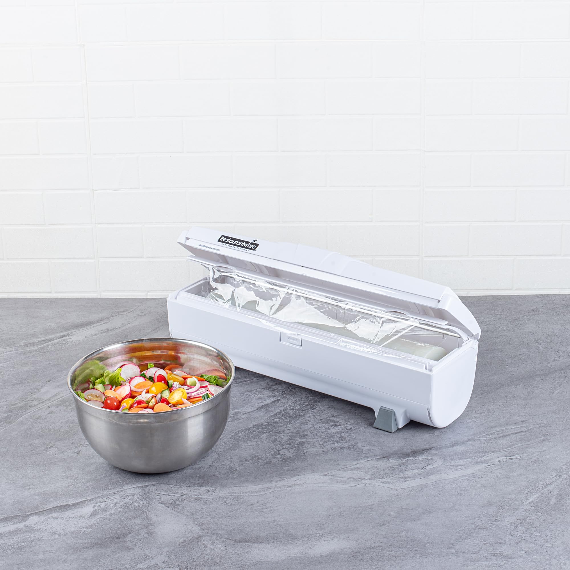 Restaurantware RW Base Food Wrap Dispenser with Cutter - Refillable Cling Wrap & Aluminum Foil Dispenser for 12” to 18” x 2000’ Rolls - Press Down & Cut System with Sharp Blade - White Plastic - Perfect for Restaurants, Catering & Home Kitchen Storage