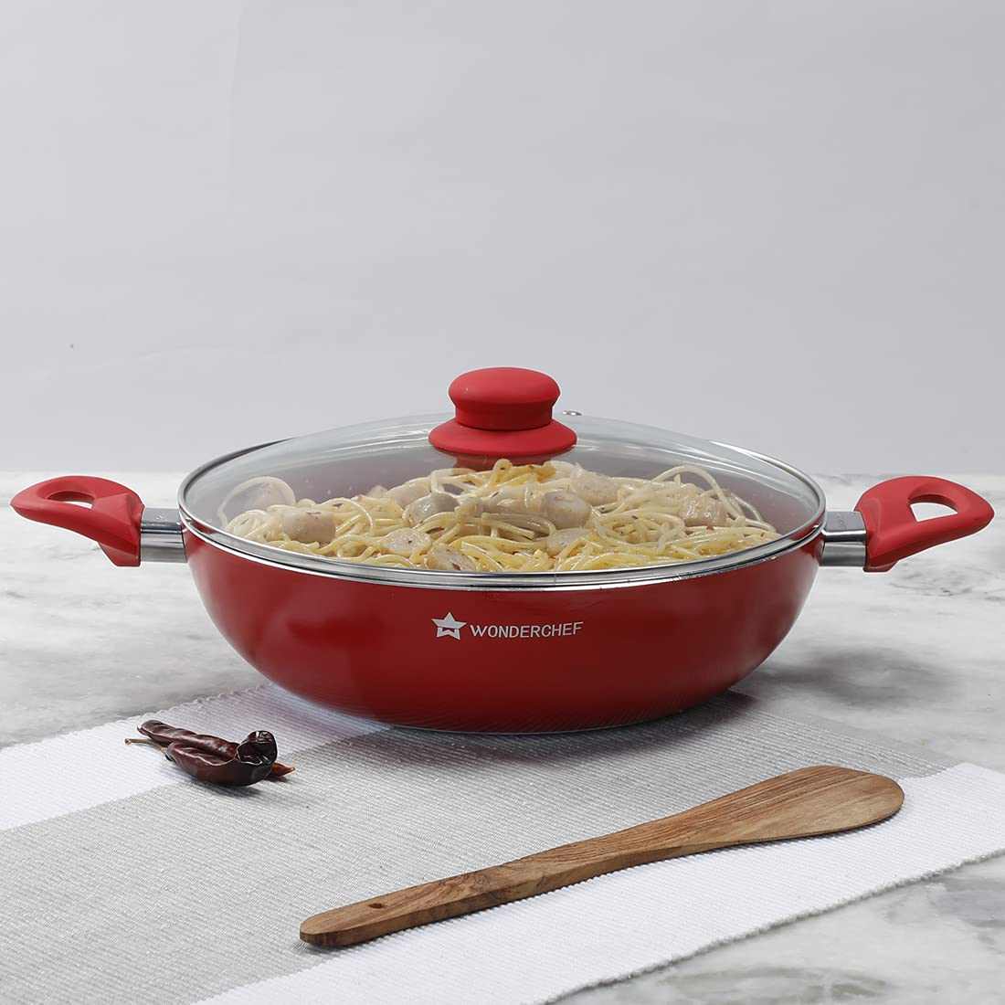Wonderchef Royal Velvet Non-Stick Stir Fry Wok - 24cm Red Aluminum Cookware with Lid - PFOA & Nickel Free - Perfect for Indian, Chinese & Asian Cuisine - Ideal for Stir-Frying, Sautéing & Deep Frying
