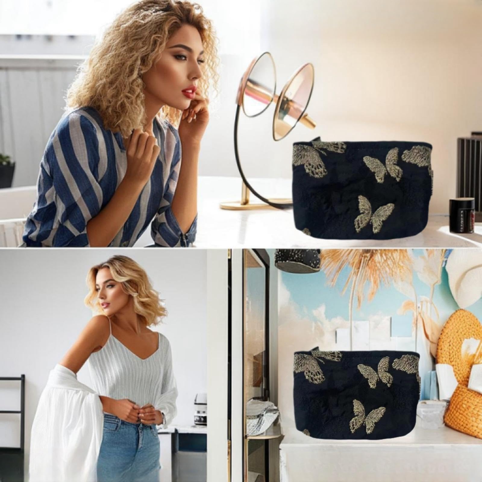 Elegant Floral Makeup Pouch for Women - Cute Small Cosmetic Bag with Butterfly Design, Perfect for Purse Organizer & Travel Essentials (Black Gold) | Great for Daily Use, Gift Giving & Beauty Storage