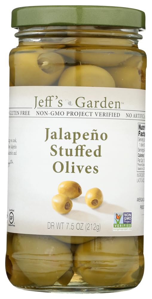 Jeff's Natural Jalapeno Stuffed Olives - Premium Spicy Stuffed Green Olives, Case of 6 (7.5 oz Each) - Perfect for Charcuterie Boards, Cocktails & Mediterranean Recipes