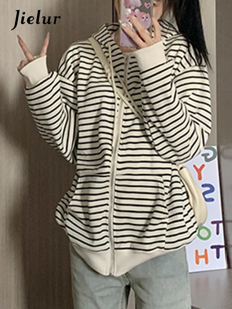 Stylish Striped Zip-Up Hoodie for Women - Trendy Loose Fit Casual Sweatshirt with O-Neck Design | Perfect for Streetwear, Gym, and Everyday Fashion