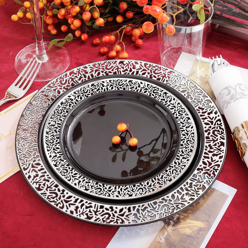350-Piece Black & Silver Plastic Dinnerware Set - Disposable Plates, Silverware & Napkins for 50 Guests - Elegant Party Supplies for New Year Celebrations, Weddings & Special Events