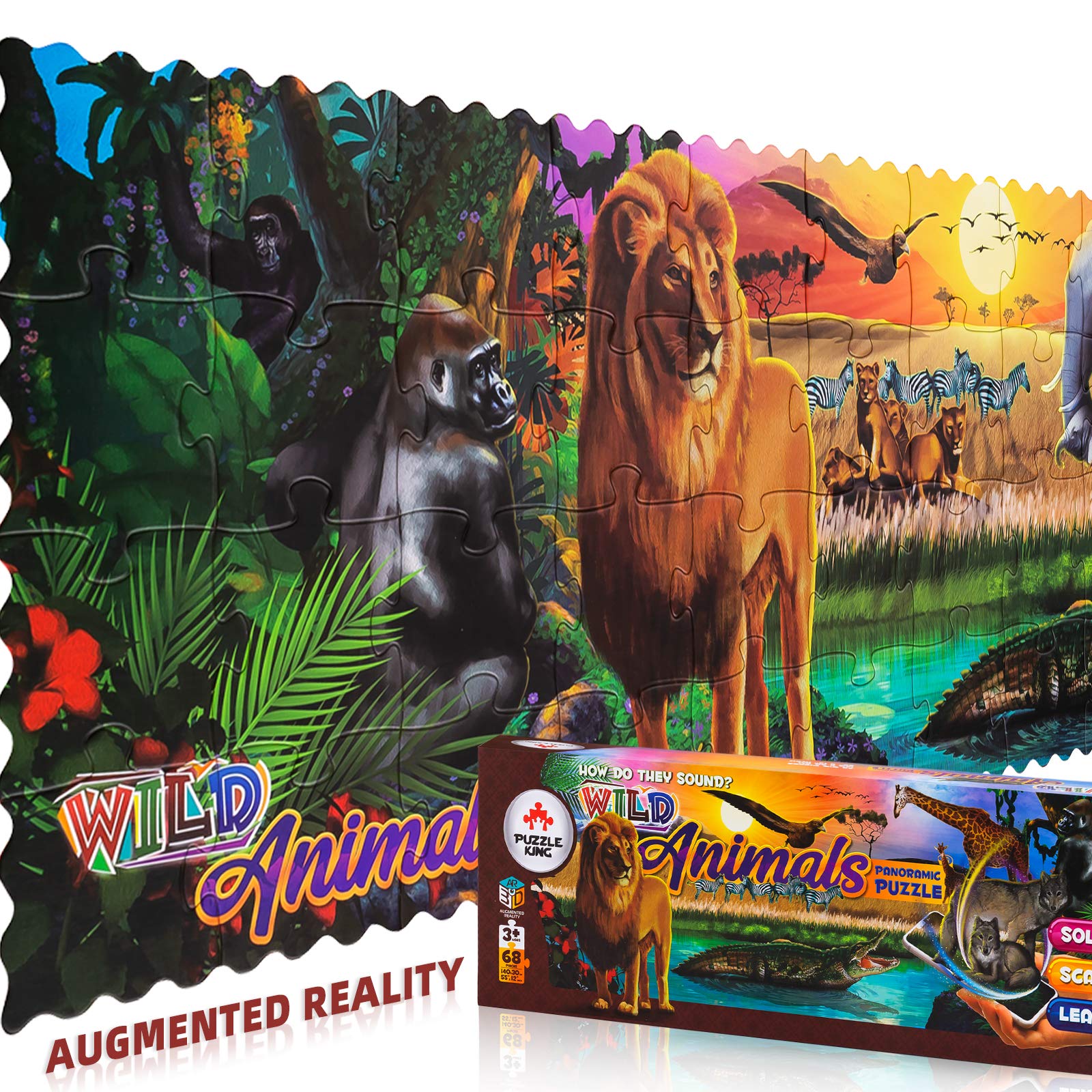 Puzzle King AR Interactive Jigsaw Puzzles for Kids Ages 4-8 - 68 Piece Wild Animals Puzzle for Preschool & Toddlers - Educational Toys for Boys & Girls (55x12 Inch) - Perfect for Birthday Gifts & Classroom Learning Activities