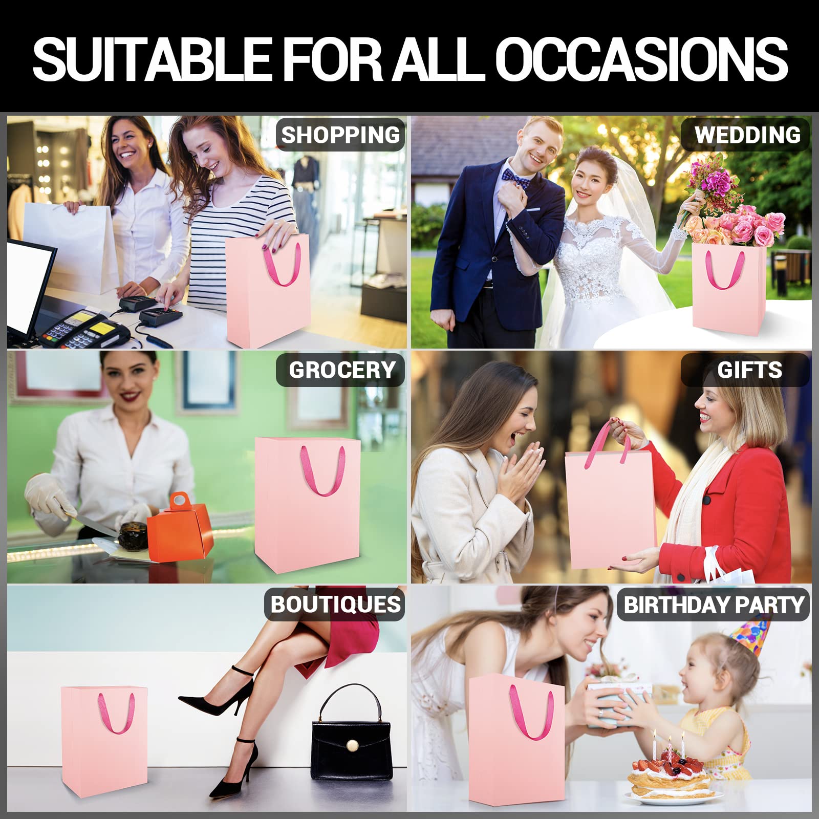 EUSOAR 20pcs Pink Kraft Gift Bags with Handles, 7.8x3.9x11 Inches - Thick & Sturdy Paper Shopping Bags for Merchandise Wrapping, Boutique Business, Conference Celebrations - Perfect for Birthday Presents, Wedding Favors, and Retail Packaging