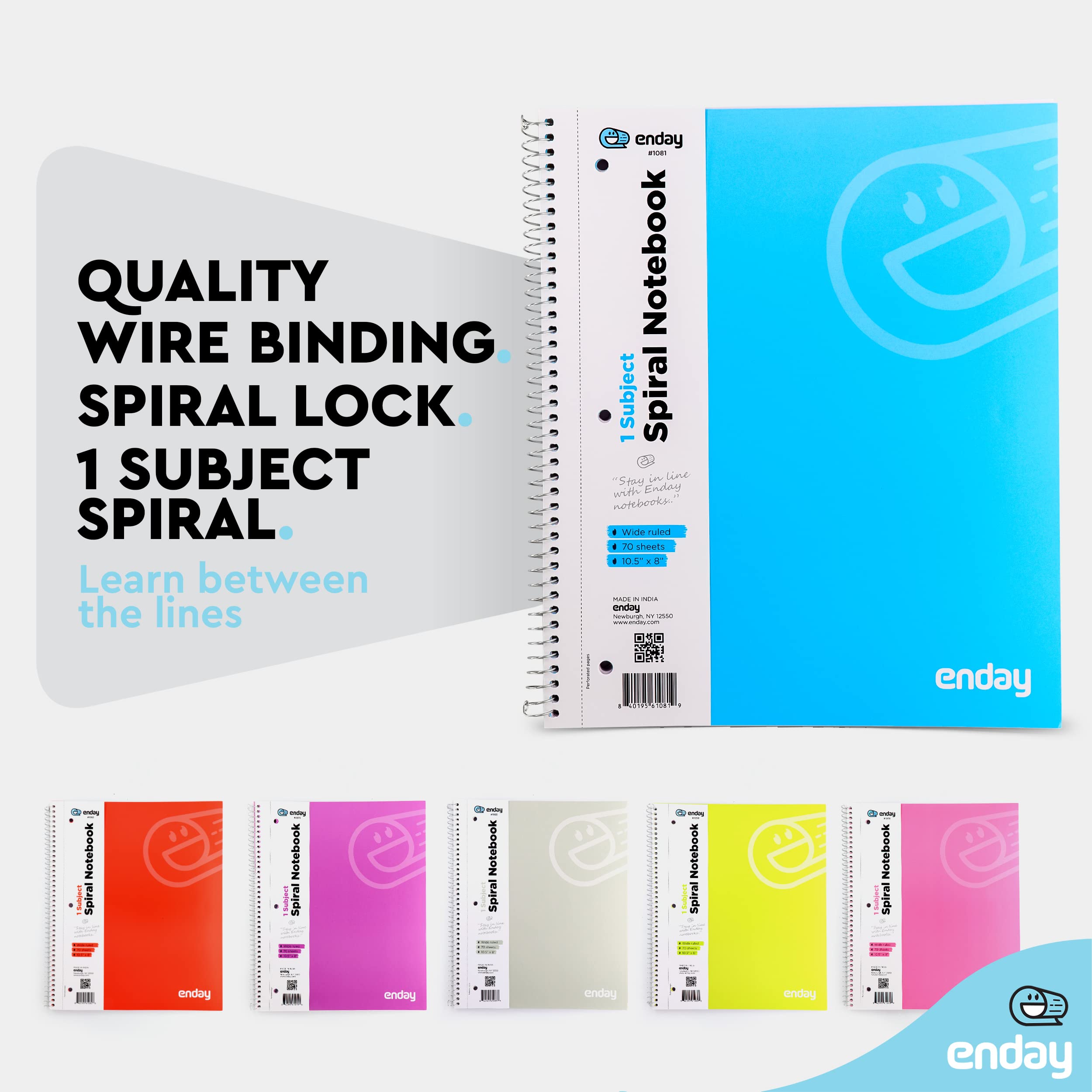 Enday Spiral Notebook Wide Ruled - 1 Subject Hardcover Spiral Bound Notebook, 70 Sheets Lined Paper for School, College & Office, 6 Pack (Pink, Purple, Green, Blue, Red, Grey) - Perfect for Note Taking, Journaling & Gift Giving