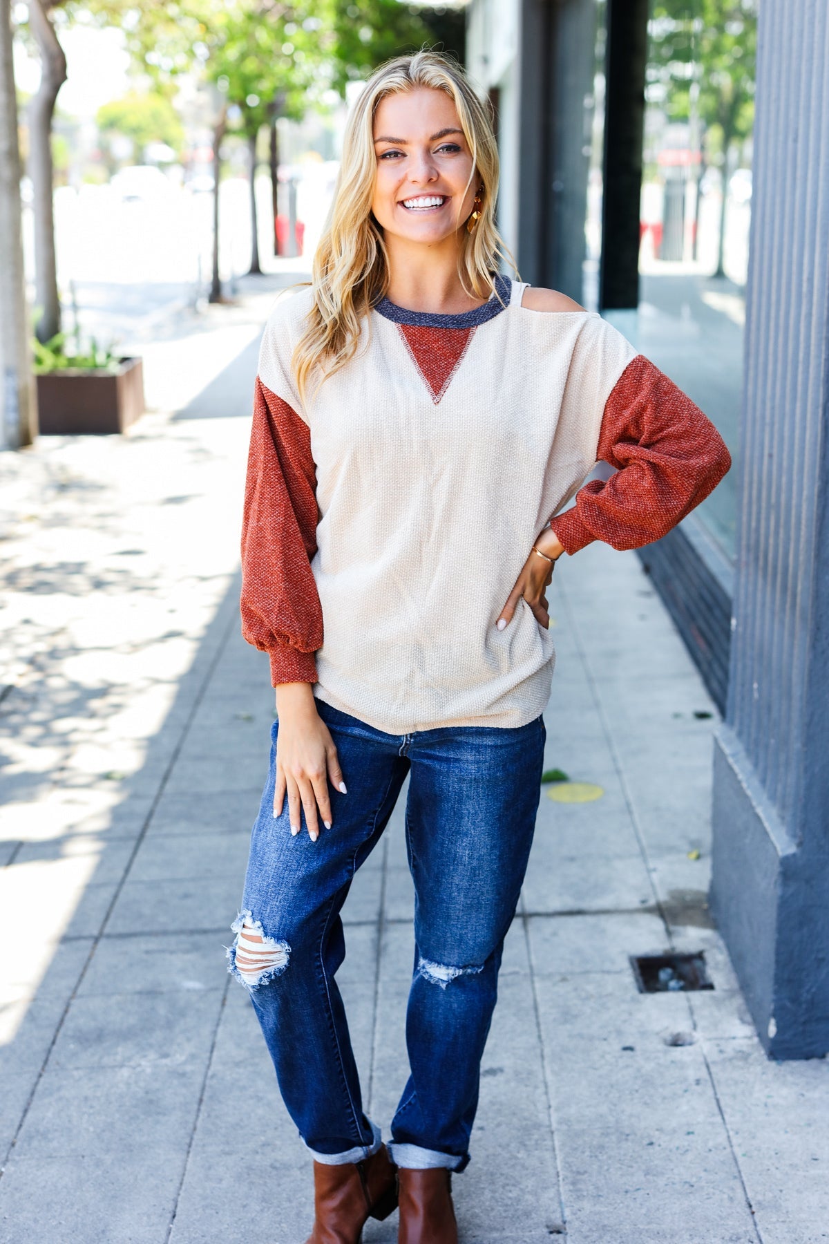 Oatmeal Textured Sweater Knit Cold Shoulder Top for Women - Cozy Fall & Winter Fashion - Perfect for Casual Outings, Date Nights and Office Wear