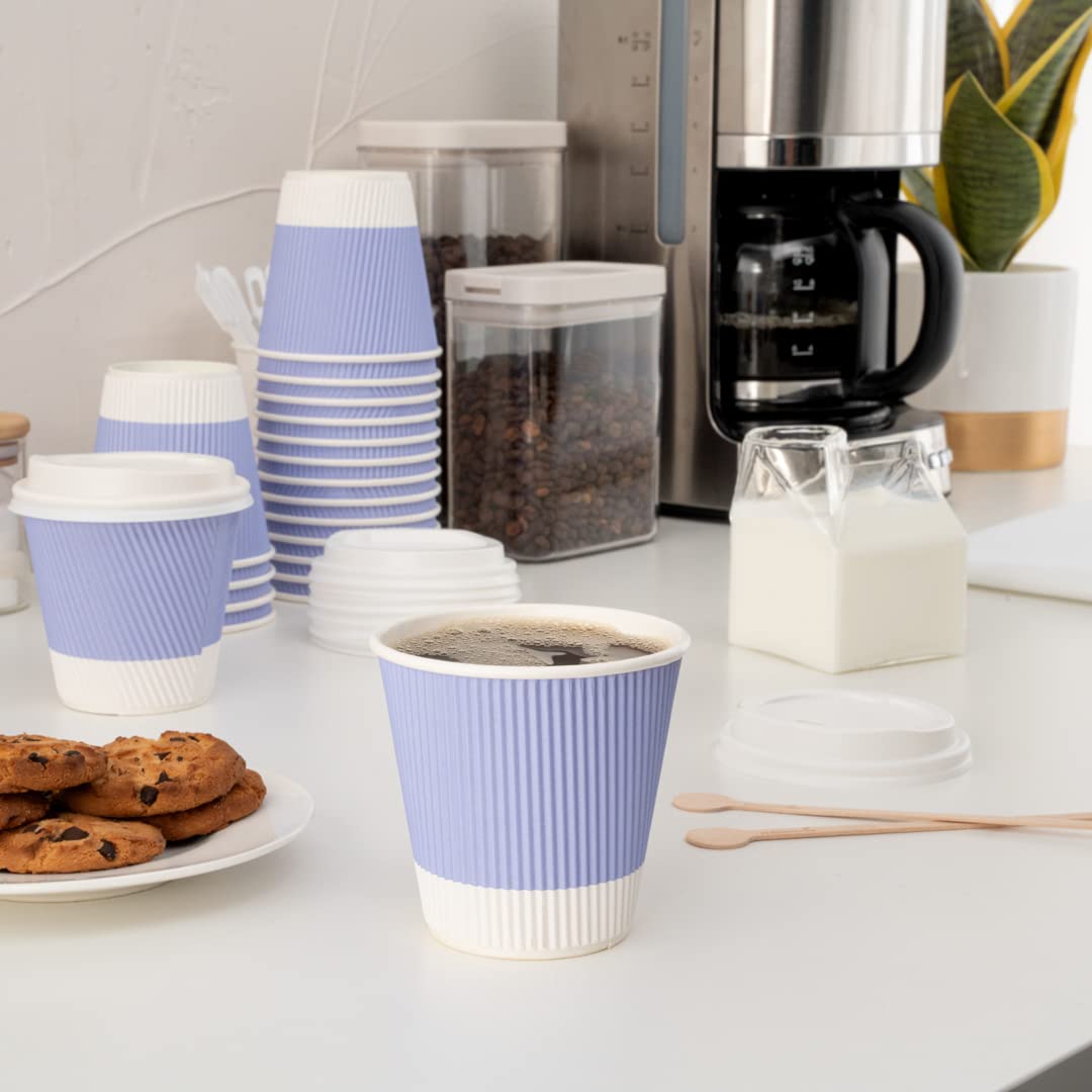 8oz Insulated Coffee Cups with Lids - 20 Pack Leakproof Ripple Wall Hot Cups | Disposable Light Purple Paper Cups for Coffee, Tea, Hot Cocoa & Lattes | Perfect for Cafes, Offices & Home Use