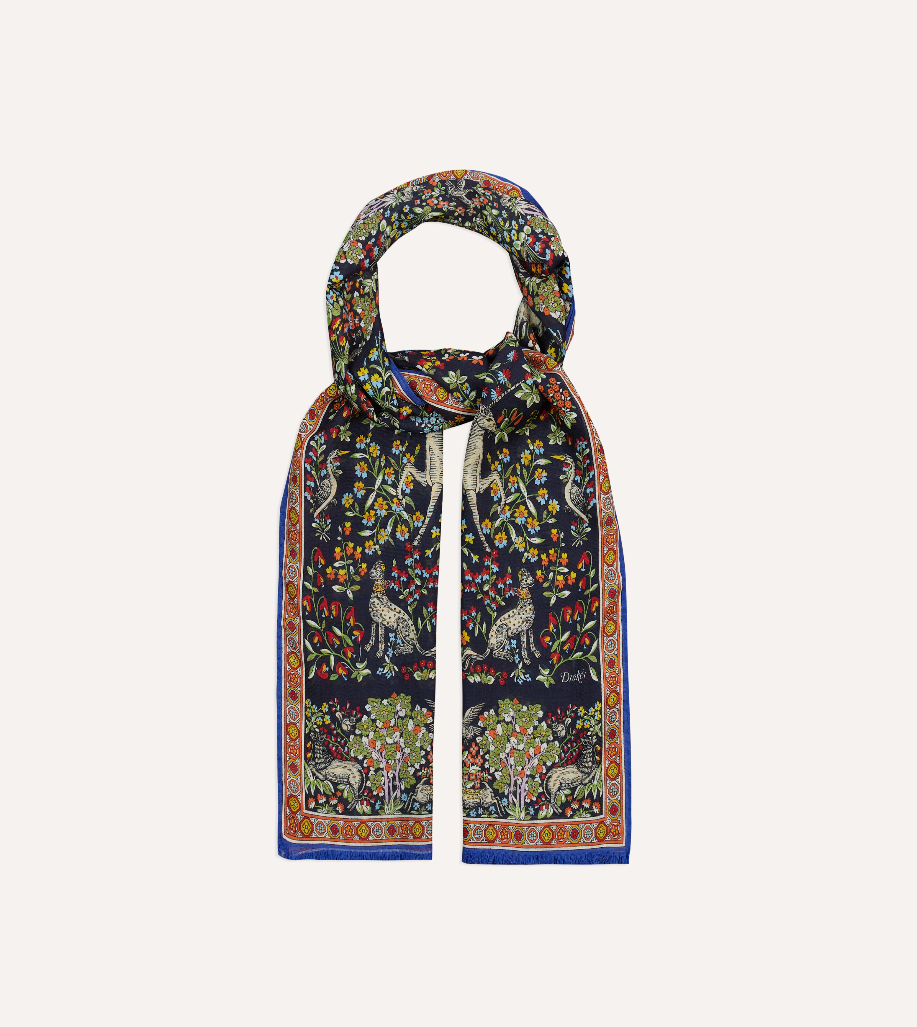 Navy Blue Forest Animals Print Wool Silk Scarf - Soft & Warm Winter Accessory for Women, Perfect for Outdoor Activities & Holiday Gifts