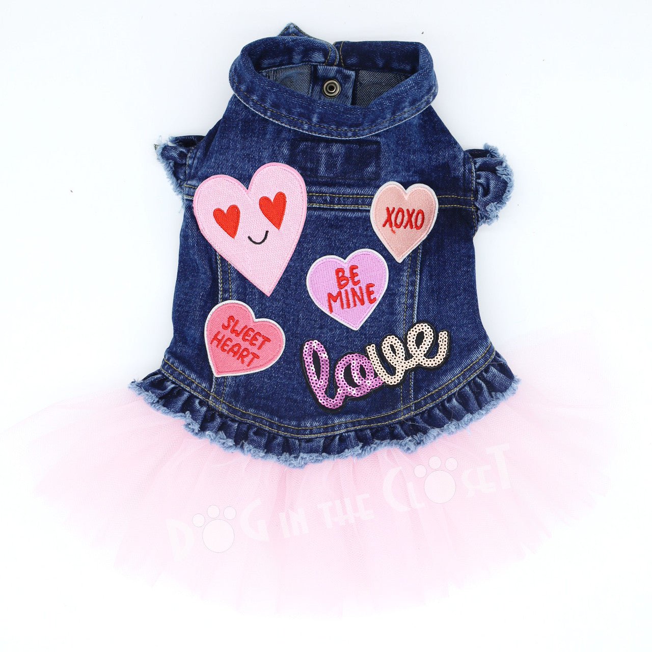 Pink Denim Dog Jacket with Tutu - Cute Candy Hearts Design for Small Dogs - Perfect for Valentine's Day, Photo Shoots & Special Occasions