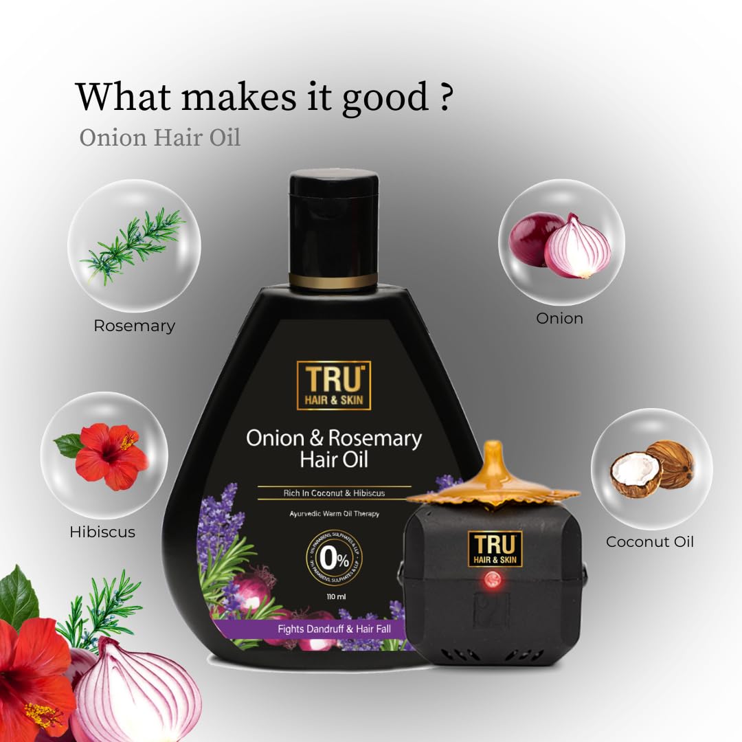 TRU HAIR & SKIN Onion & Rosemary Hair Growth Oil - 100% Pure Natural Treatment for Hair Loss & Thinning Hair - 110ml with Free Hair Heater | Perfect for Daily Scalp Massage & Overnight Hair Care