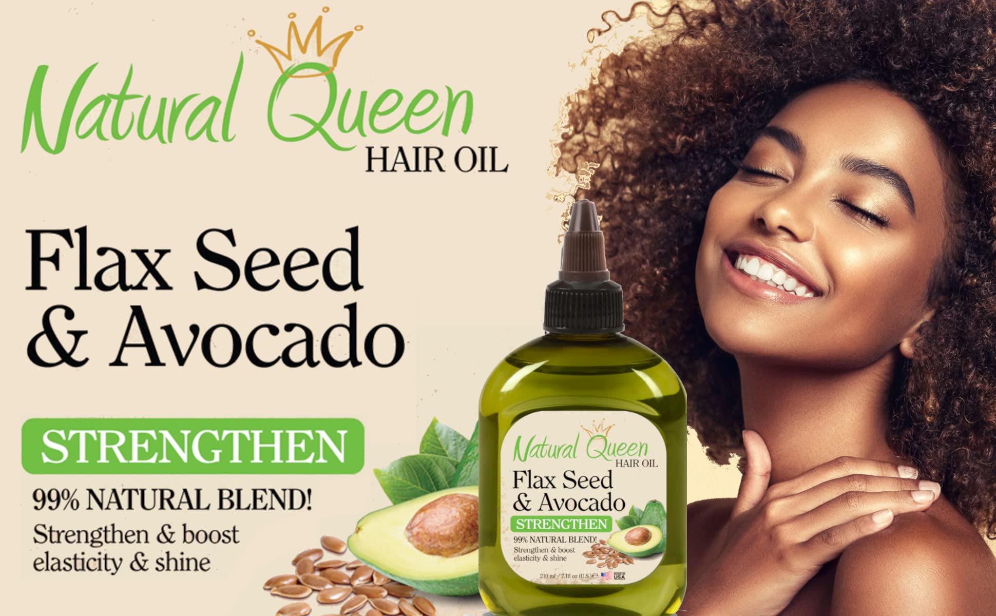 Natural Queen Strengthen Flax Seed & Avocado Hair Oil 7.1 oz - Organic Hair Growth Treatment for Damaged Hair | Deep Conditioning for Dry, Frizzy & Curly Hair | Perfect for Daily Nourishment & Styling