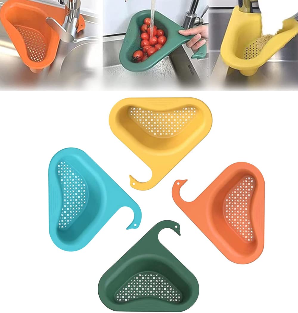 UMBWORLD 4PCS Swan Drain Basket - Kitchen Sink Strainer Rack, Multi-Functional Corner Drainage Basket with Water Storage Tank - Universal Fit for All Sinks (Colorful) - Perfect for Organizing Sponges, Soaps & Kitchen Accessories