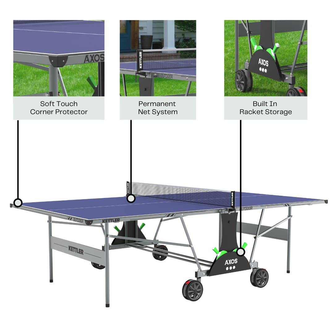 KETTLER Sport Axos Outdoor Ping Pong Table Set with 2 Rackets & 3 Balls - Professional Grade Table Tennis Equipment for Backyard, Patio & Game Room Fun