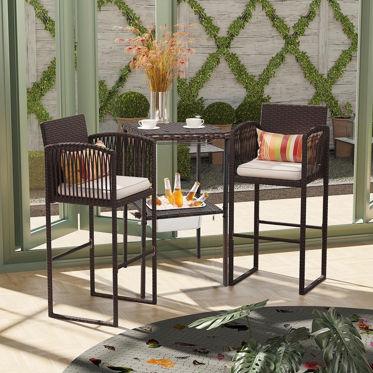 Sundale Outdoor 3-Piece Wicker Bar Set with 2 Stools, Glass Holder & Ice Bucket - Brown Rattan & Beige Cushions - High Top Bistro Dining for Patio, Garden, Poolside & Backyard Entertaining