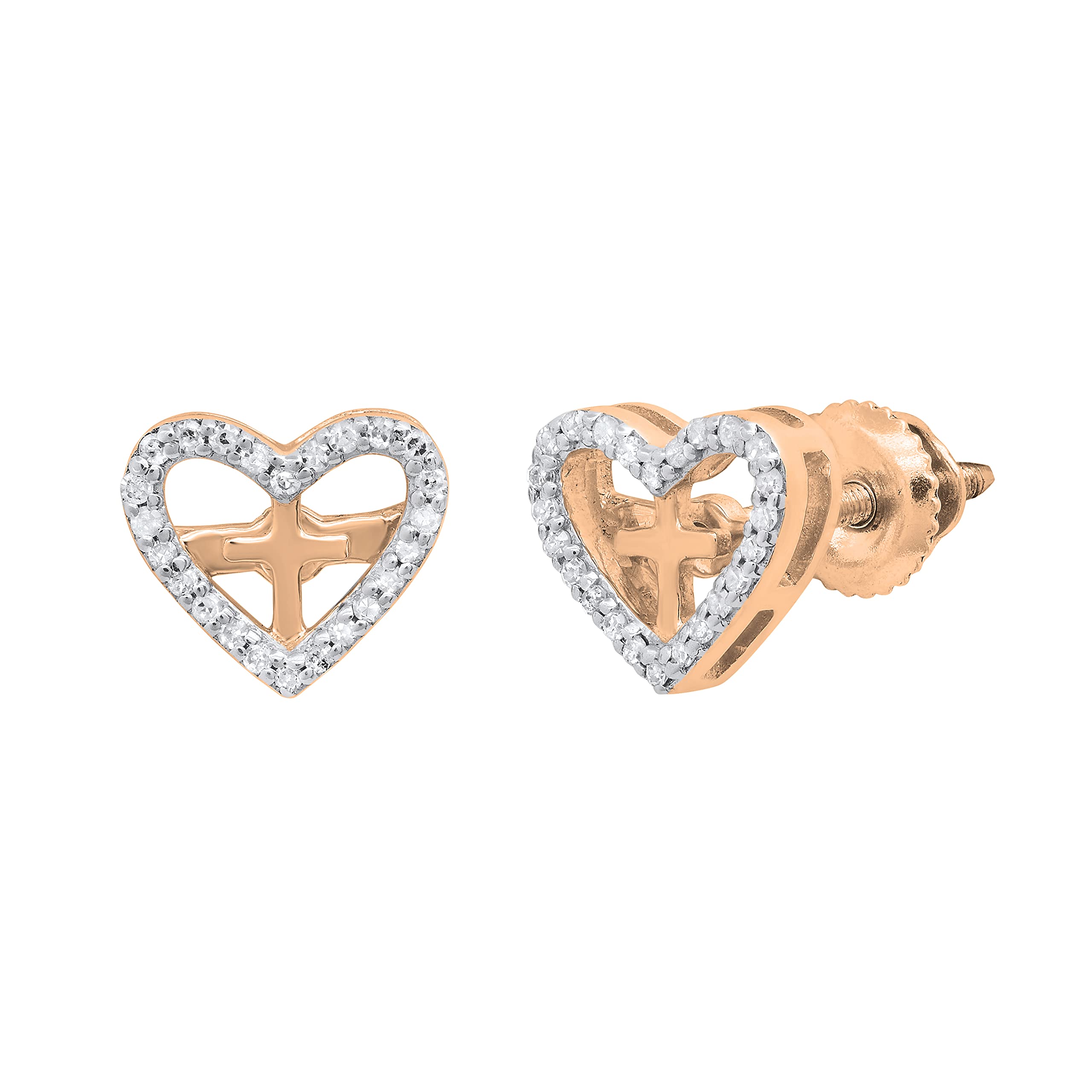 0.10 Cttw Round Diamond Small Cross Heart Frame Stud Earrings for Women - 14K Solid Gold - Perfect for Gifts, Weddings, Anniversaries & Everyday Elegance