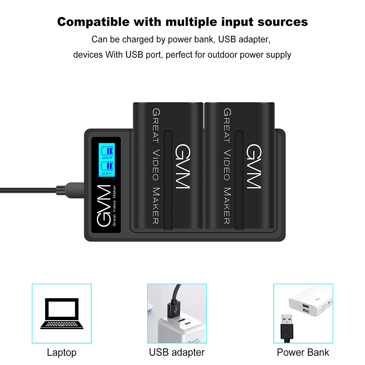 GVM NP-F970 6600mAh Rechargeable Batteries with Dual USB Charger & V-Mount Adapter - LCD Screen Shows Charge Status - 2 Pack Portable Power for DSLR Cameras, Camcorders, Video Lights - Perfect for Photography, Filmmaking, and Live Broadcasting