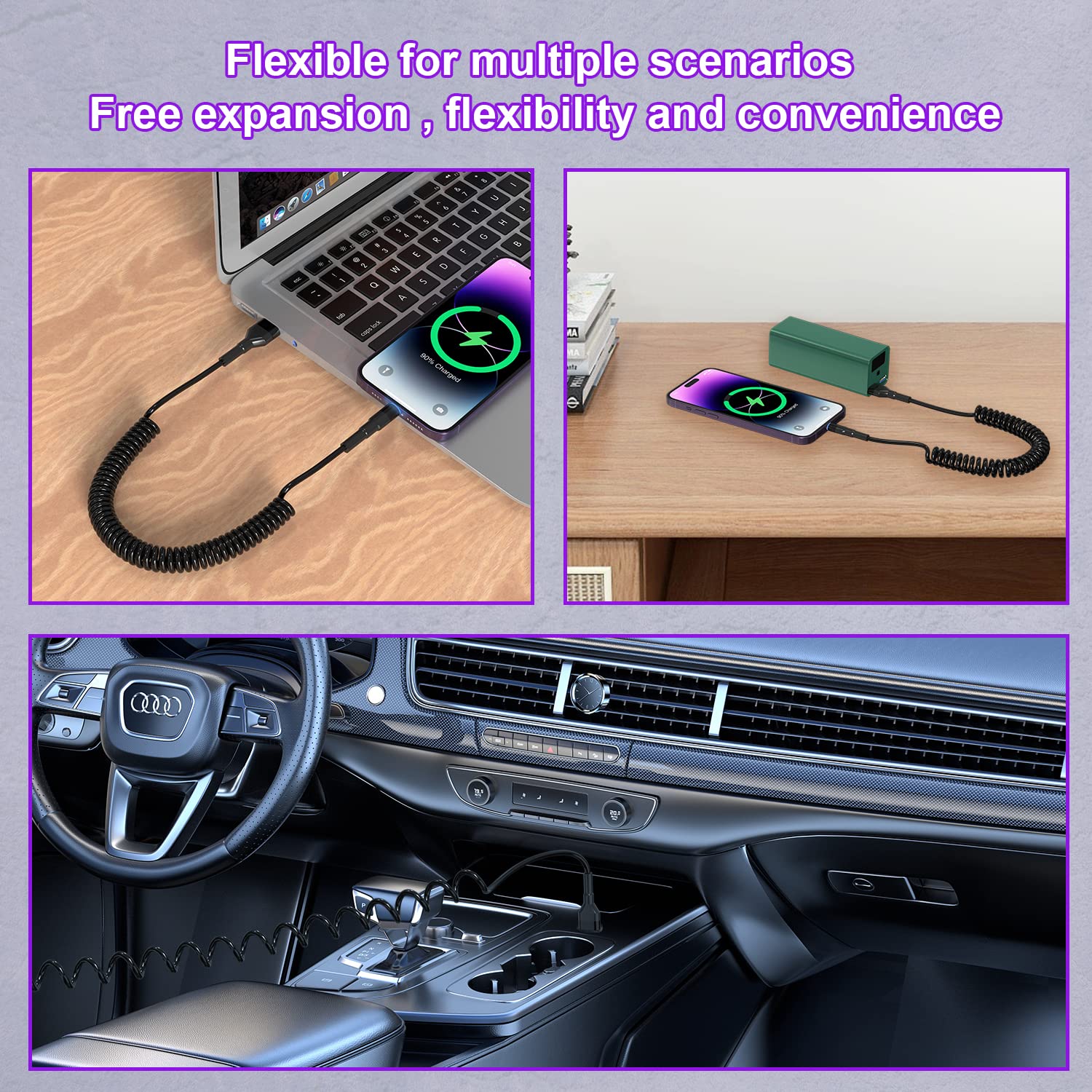 MFi Certified Coiled Lightning Cable - Apple CarPlay Compatible Retractable iPhone/iPad/iPod Charger with Fast Data Sync & LED Light - Short Car Charger Cord for Road Trips & Daily Commutes