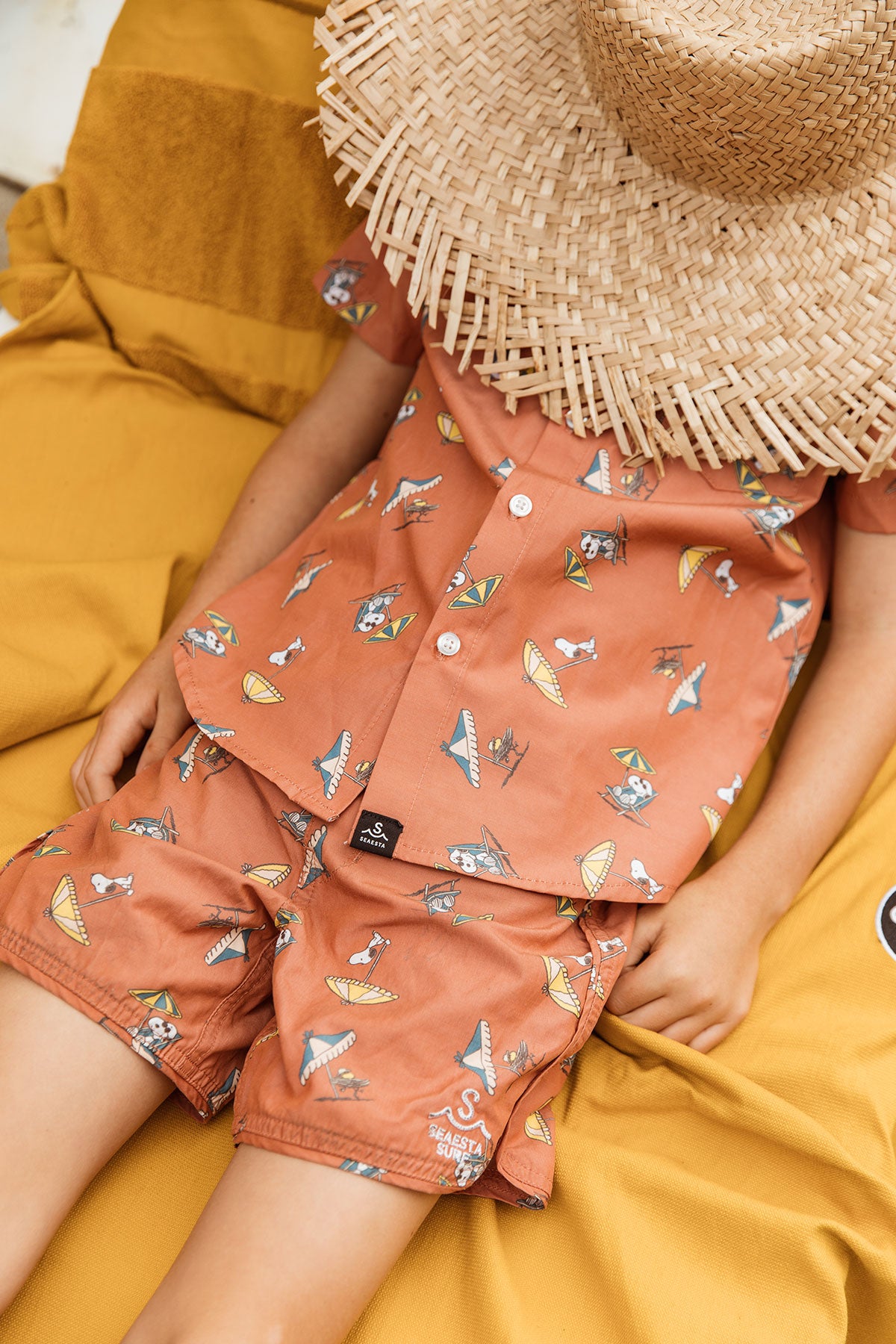 Seaesta Surf x Peanuts® Snoopy Kids Button Up Shirt - UPF Sun Protection, Lightweight Clay Color Beach Shirt for Boys & Girls | Perfect for Surfing, Pool Parties & Summer Vacations