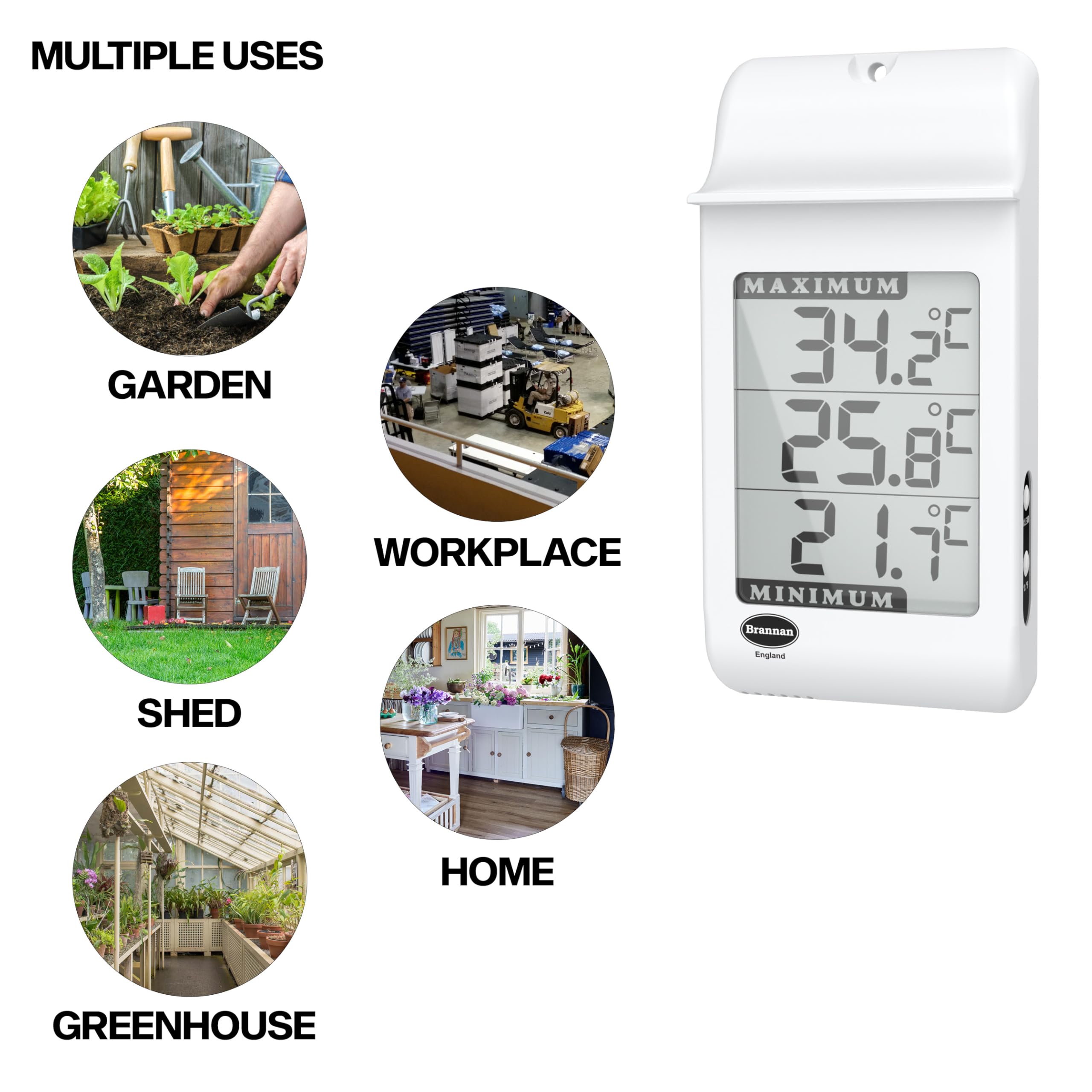 Brannan Digital Max Min Greenhouse Thermometer - Accurate Temperature Monitor for Greenhouse, Garden, or Home Use - Wall Mounted Hygrometer for Indoor/Outdoor Plants - Perfect for Greenhouses, Nurseries, and Home Gardening