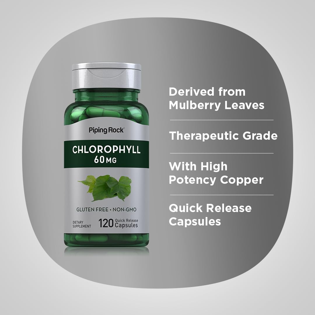 Piping Rock Chlorophyll Capsules 60mg - 120 Count | Non-GMO, Gluten Free Liquid Chlorophyll Supplement for Detox & Energy Boost | Supports Digestion & Skin Health | Perfect for Daily Wellness Routine & Detox Programs