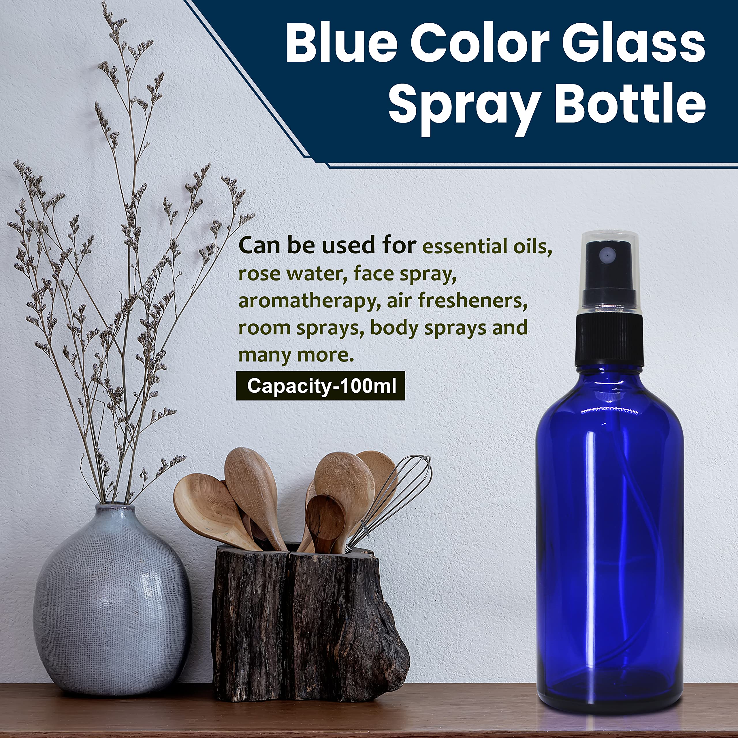 Refillable 100ml Blue Glass Fine Mist Spray Bottle with Leak-Proof Pump - Perfect for DIY Perfume, Essential Oils, Aromatherapy Blends, Facial Mists & Beauty Products | Travel-Friendly, Home & Salon Use (Pack of 1)