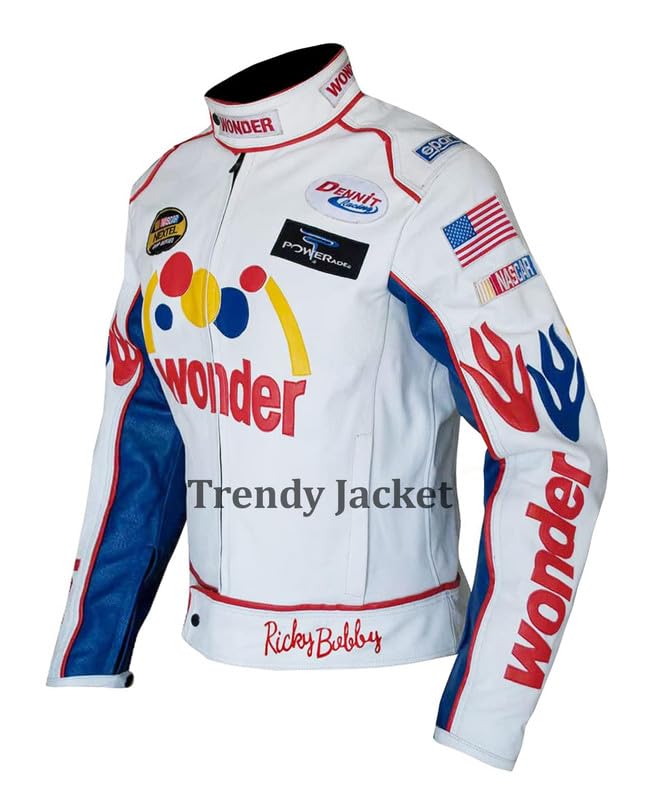 Women's Talladega Racing Nights Faux Leather Biker Jacket - Carley Bobby White Motorcycle Style Jacket for Halloween, Cosplay & Themed Parties