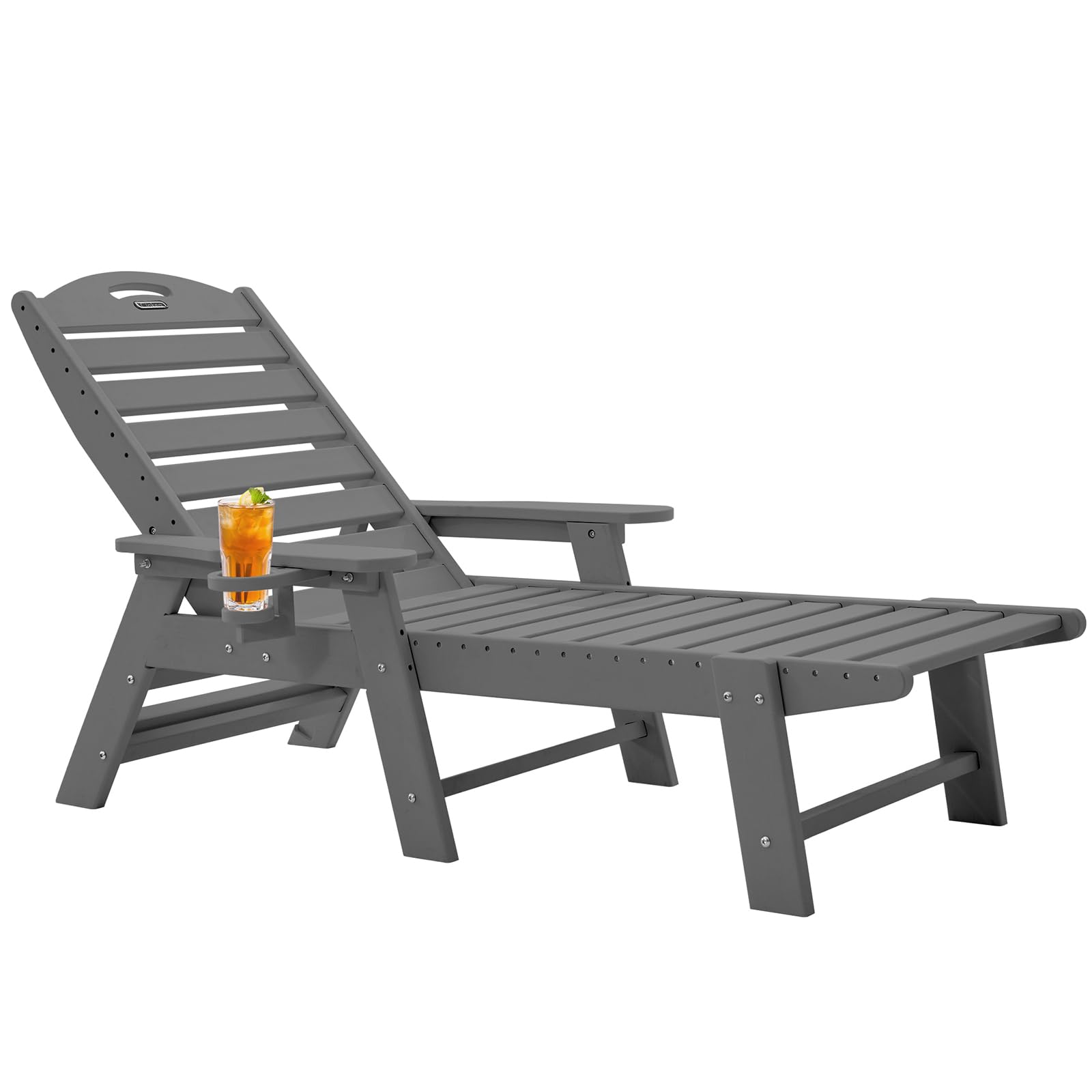 **Outdoor Chaise Lounge Chair with 6 Adjustable Positions, HDPE Patio Lounge Chair with Cup Holder - Perfect for Poolside, Deck, Backyard, and Lawn (Grey)**