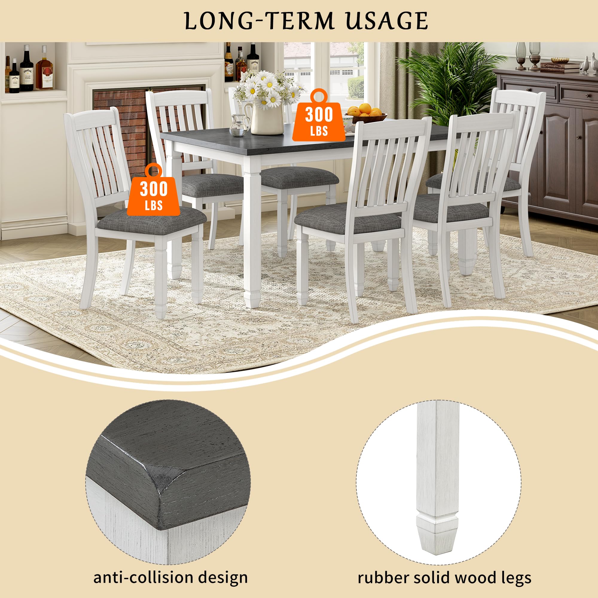Solid Wood Country Kitchen Table and Chairs Set for 6 - Rustic Farmhouse Dining Room Furniture with Tapered Legs - Perfect for Family Meals, Entertaining Guests & Cozy Breakfast Nooks