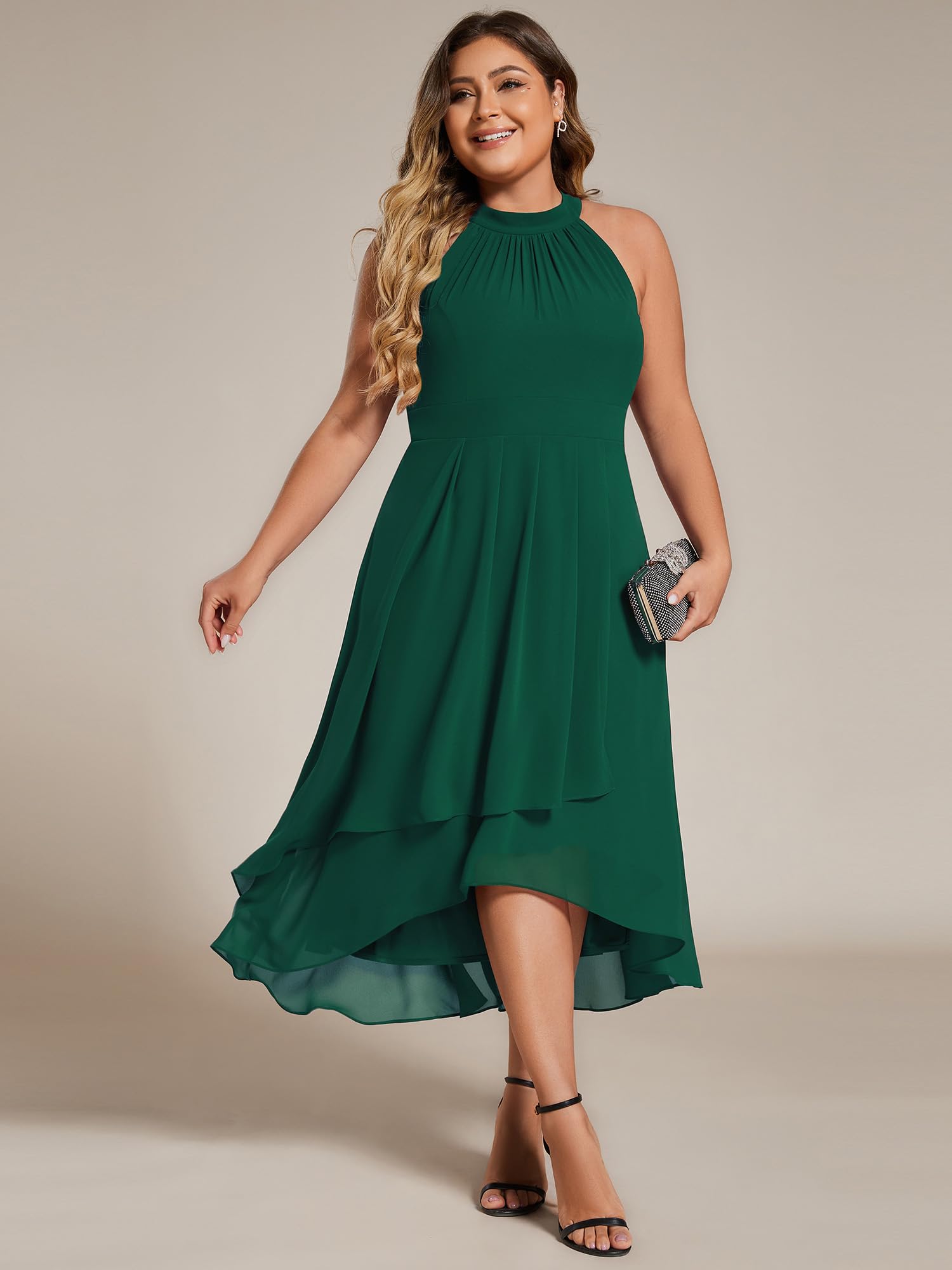Ever-Pretty Plus Size Women's Sleeveless Halter A-Line Pleated High-Low Wedding Guest Dress 31926-DA | Elegant Formal Occasion & Special Event Attire