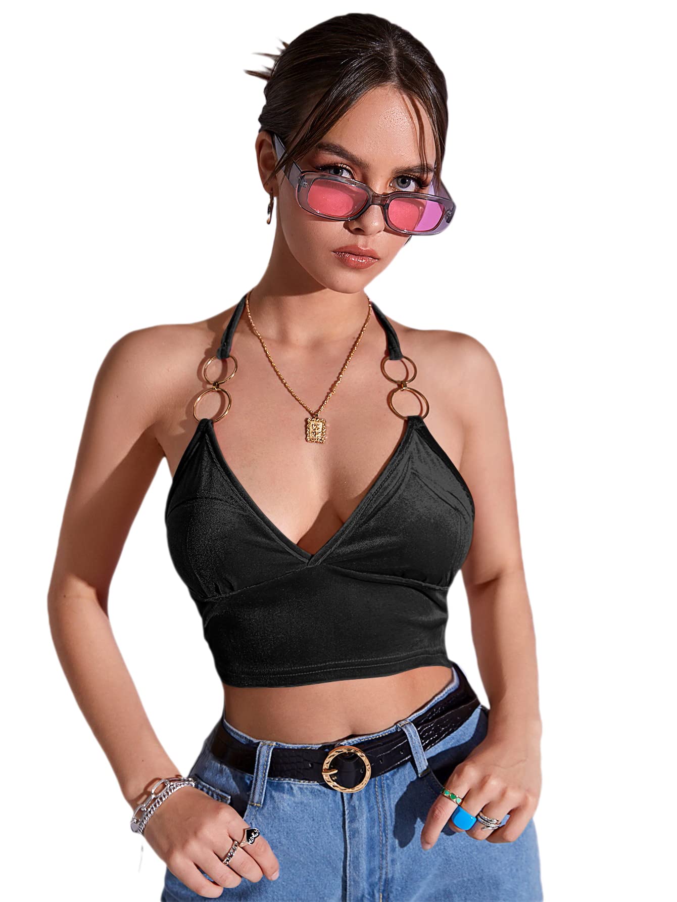 MakeMeChic Women's Velvet Halter Sleeveless Tie Back Crop Top - Sexy Ring Detail Open Back Tank for Date Night & Club Wear