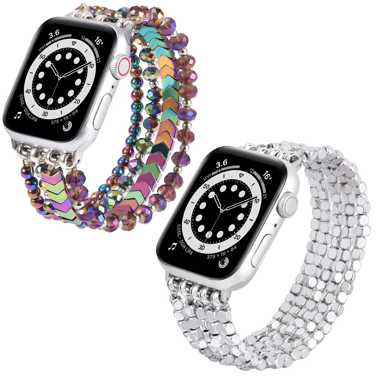 MOFREE Colorful Arrow Beaded & Silver Beaded Stretch Bracelet Compatible with Apple Watch 40mm/38mm/41mm (Series 7/SE/6/5/4/3/2/1) - Handmade Fashion Elastic Band for Women - Perfect for Workouts, Office & Casual Wear
