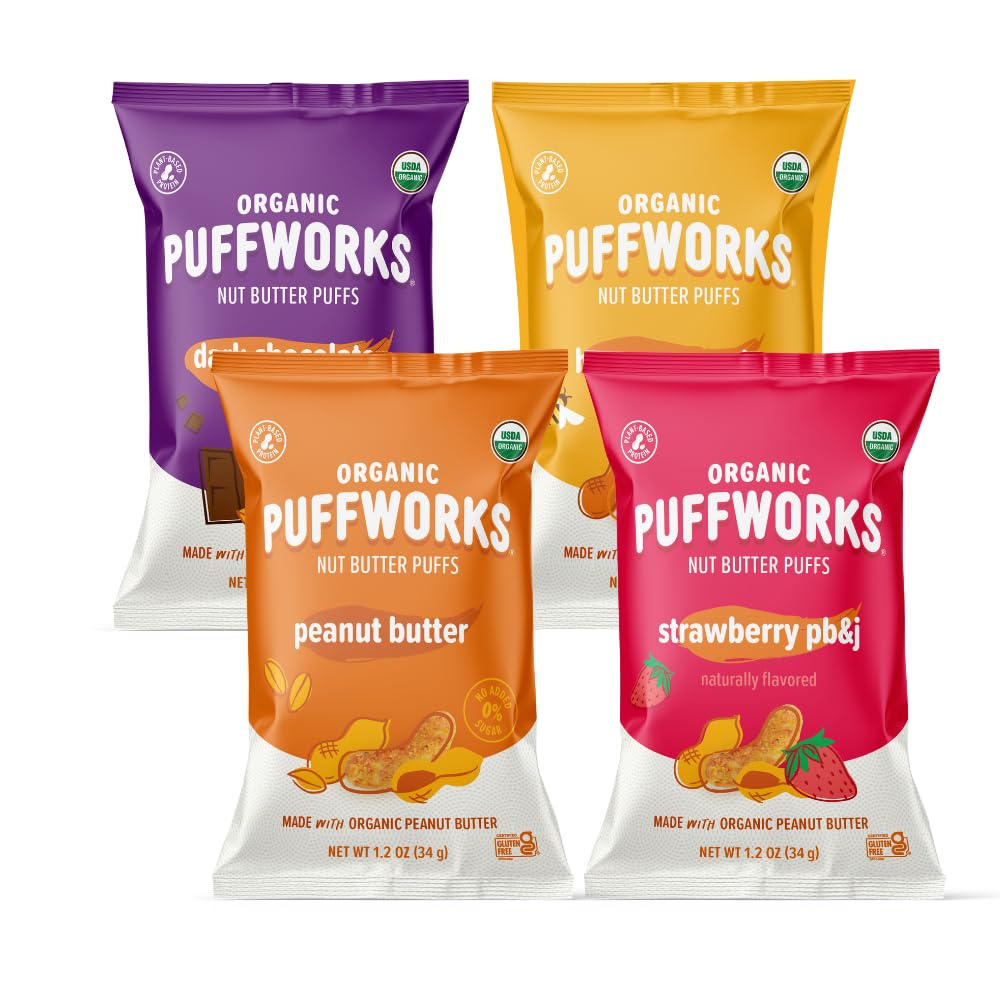 Organic Peanut Butter Puffs Variety Pack - Original, PBJ, Dark Chocolate & Honey Flavors | Gluten-Free, Kosher, Plant-Based Protein Snack | 1.2oz (12 Pack) | Perfect for On-the-Go Snacking, Lunchboxes & Healthy Office Treats
