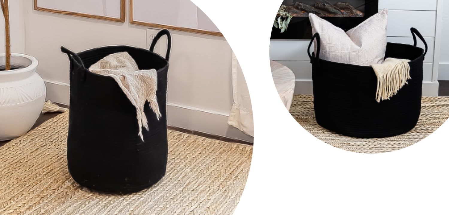 OrganiHaus Large Tall Black Rope Basket & Wide Rope Basket Set - Natural Fiber Storage for Home Organization - Perfect for Living Room, Bedroom, or Nursery Decor
