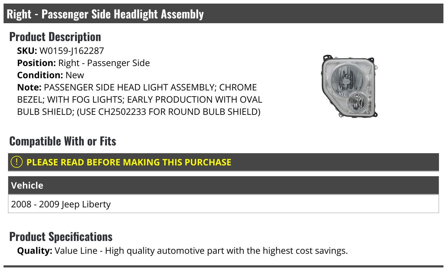2008-2009 Jeep Liberty Right Passenger Side Headlight Assembly with Chrome Bezel & Fog Lights - Oval Bulb Shield Replacement - Perfect for Night Driving & Off-Road Adventures