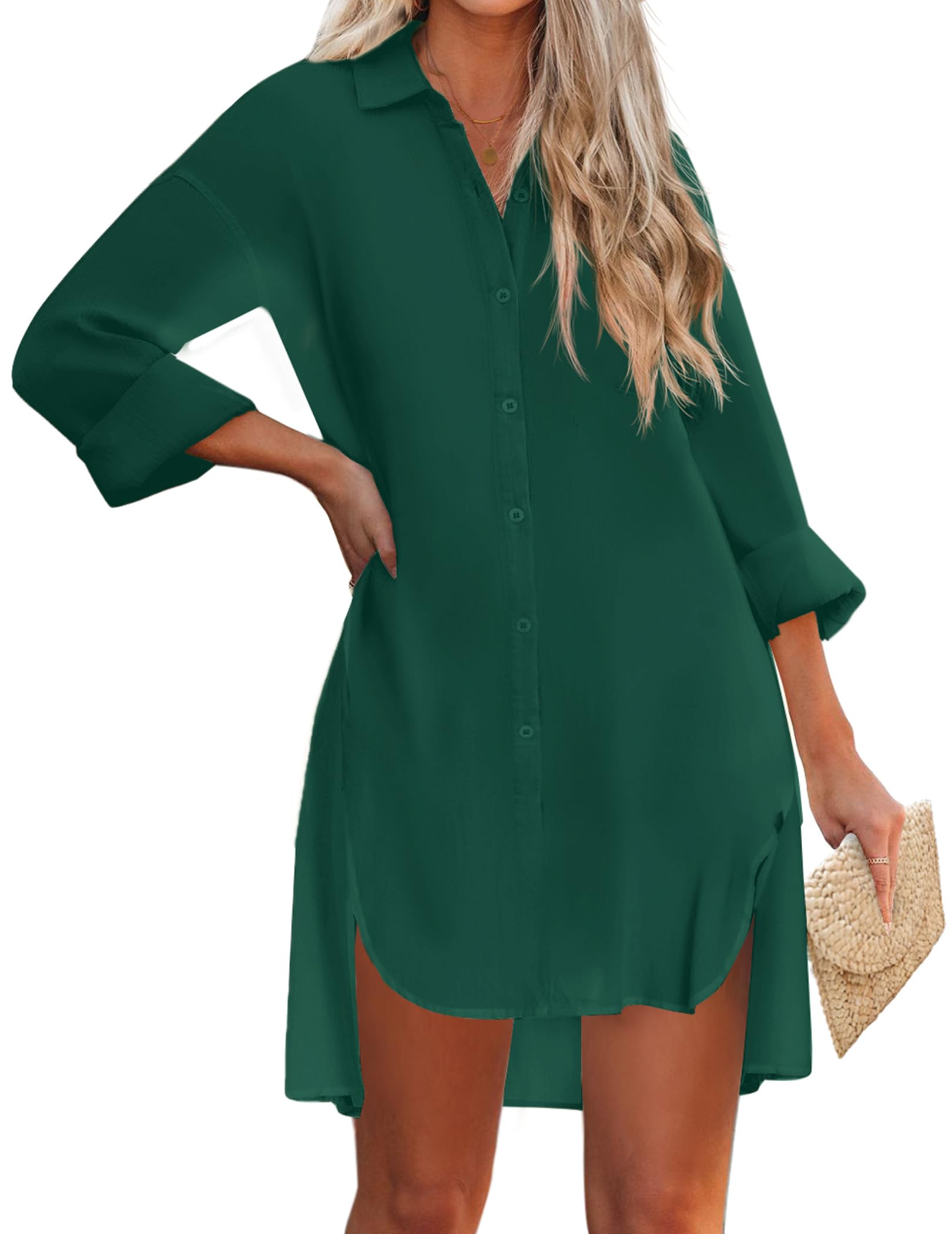 AOLRO Women's Button Down Beach Cover Up Shirt - Lightweight V Neck Swimsuit Coverup for Pool, Beach & Summer Vacations