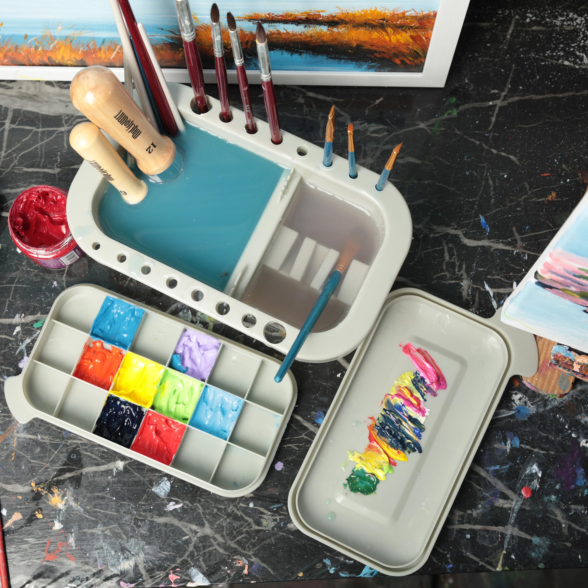 MyLifeUNIT Paint Brush Cleaner & Holder Organizer with Palette - Perfect for Acrylic, Watercolor & Water-Based Paints (Grey) | Ideal for Artists, Hobbyists & DIY Painting Projects at Home or Studio