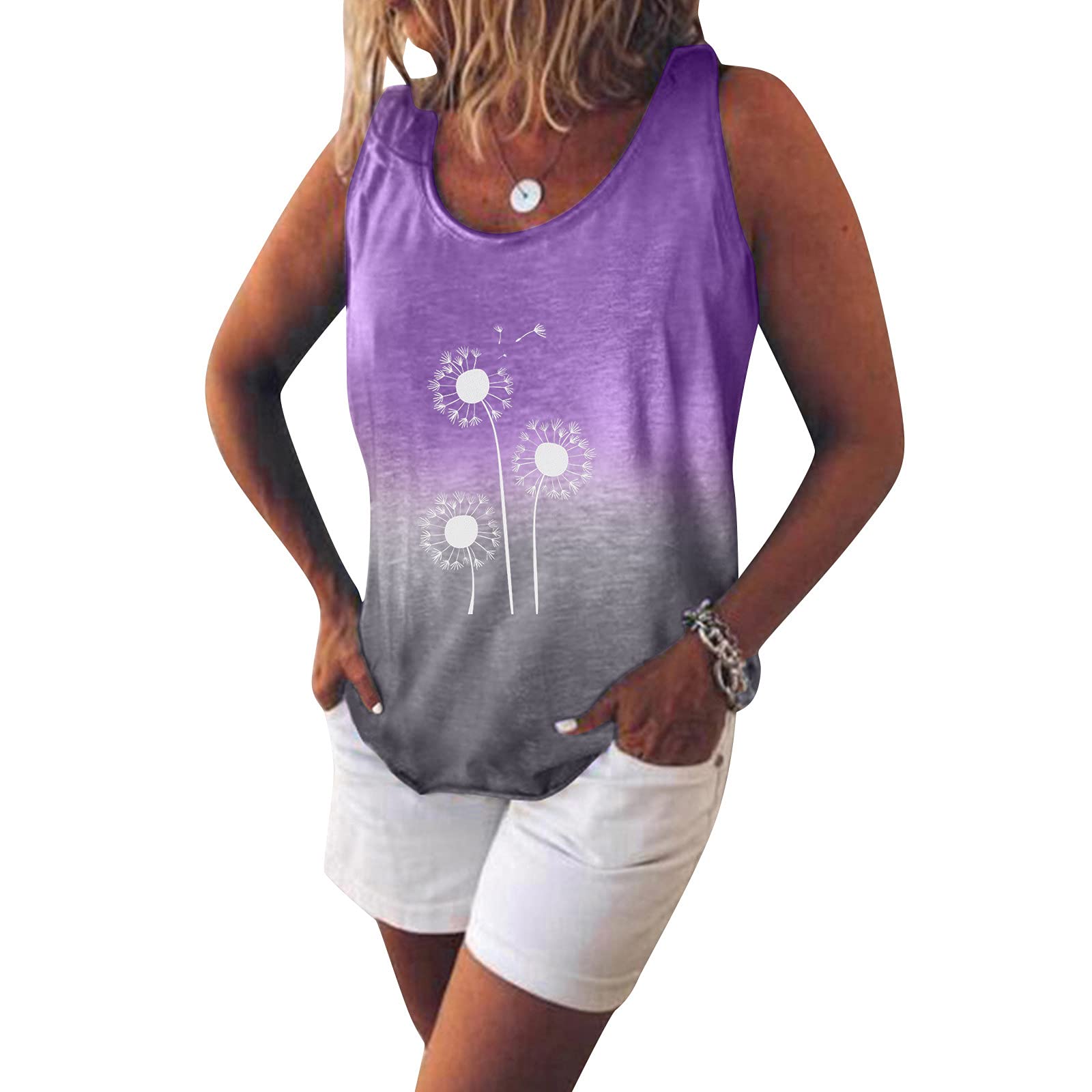 Blekii Women's Ombre Graphic Tank Top - Scoop Neck Sleeveless Dandelion Print T-Shirt - Summer Casual Tee for Beach, Travel & Everyday Wear