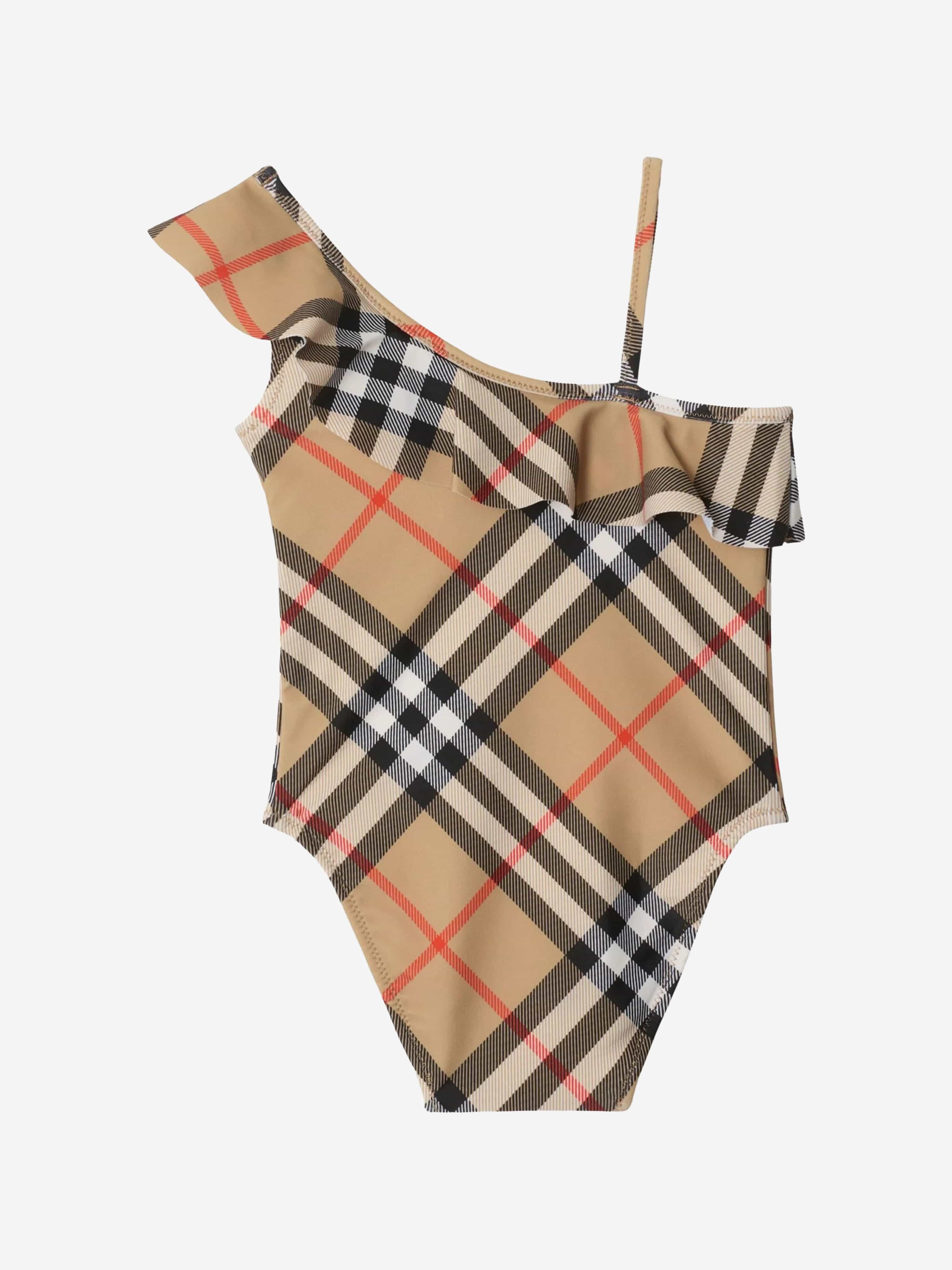 Baby Girls Check Mini Fern Swimsuit in Beige - Cute Toddler Swimwear for Beach, Pool & Summer Vacations