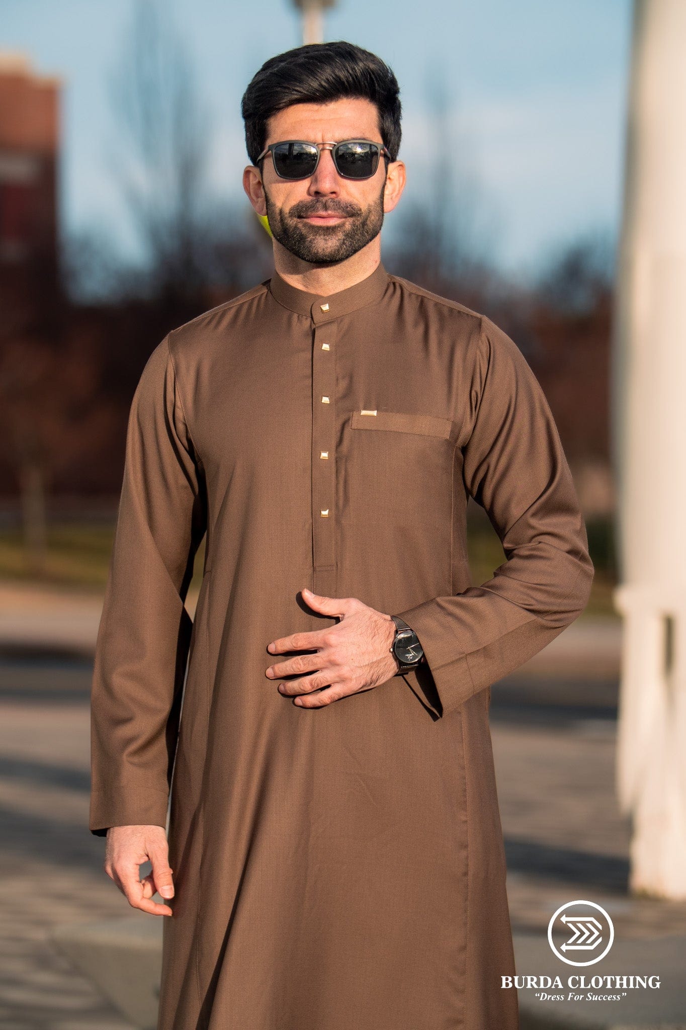 Premium Men's Thobe 509 - Soft Cotton Islamic Robe for Prayer & Daily Wear - Elegant Brown Traditional Arabic Dress for Eid, Mosque & Special Occasions