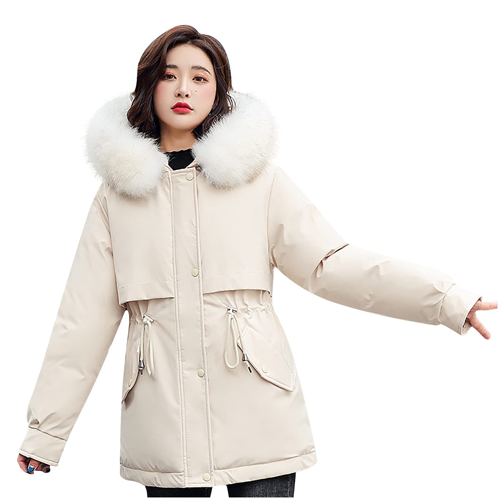 SHOPESSA Women's Winter Padded Jacket with Fur Hood - Thickened Warm Coat for Cold Weather | Standard Size Outerwear for Snow, Skiing & Outdoor Activities