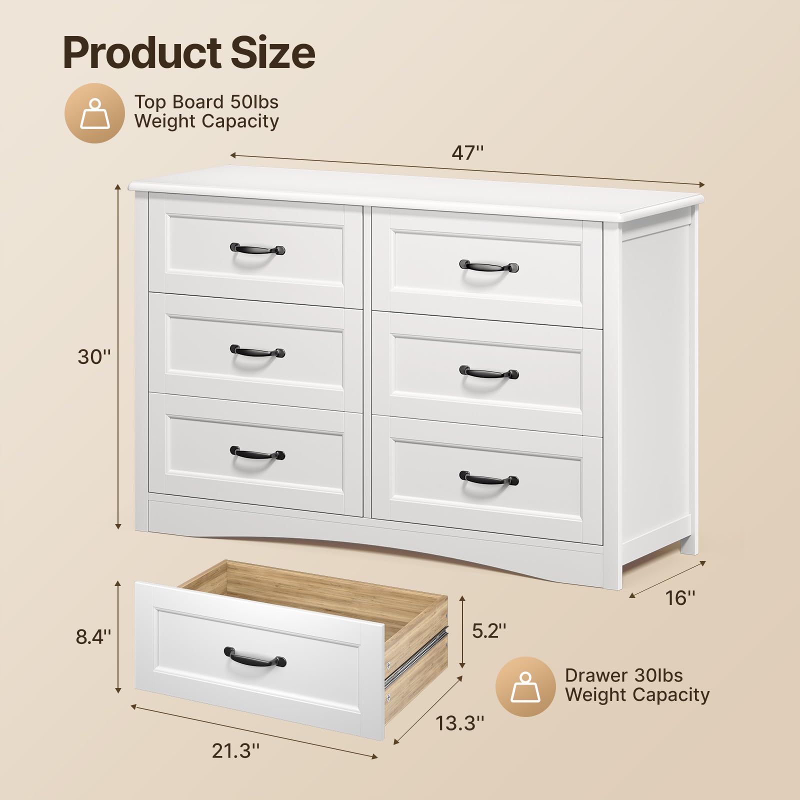 Gizoon 6-Drawer Dresser - White Storage Chest for Bedroom & Living Room