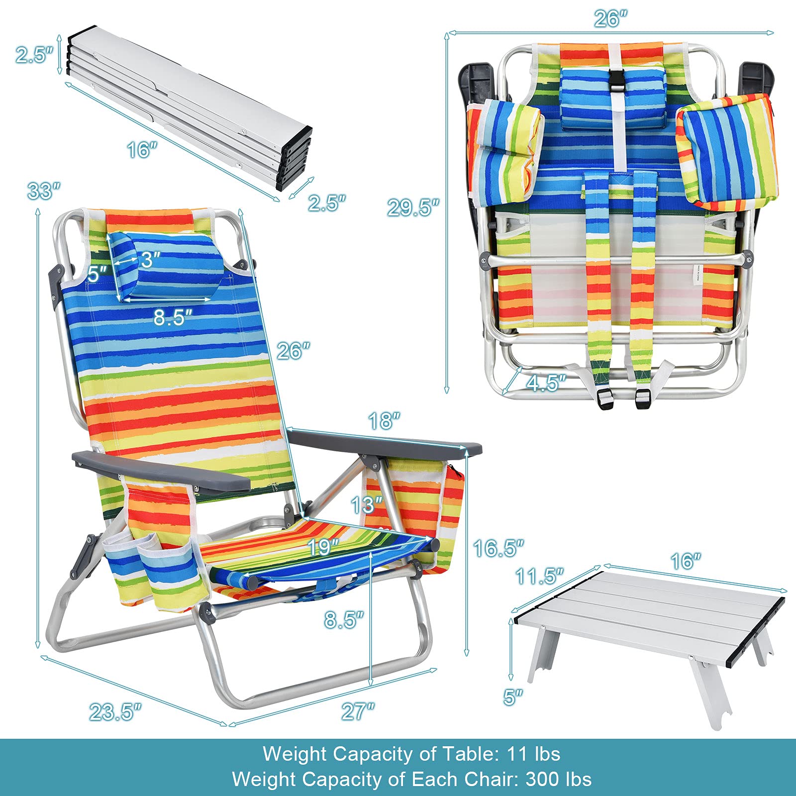 GYMAX 2-Pack Portable Folding Beach Chairs with Cooler Bag, Cup Holder & Side Pockets - Lightweight Backpack Camping Chairs for Outdoor, Picnic, Pool Party & Beach Relaxation (Yellow Strip, Includes Table)